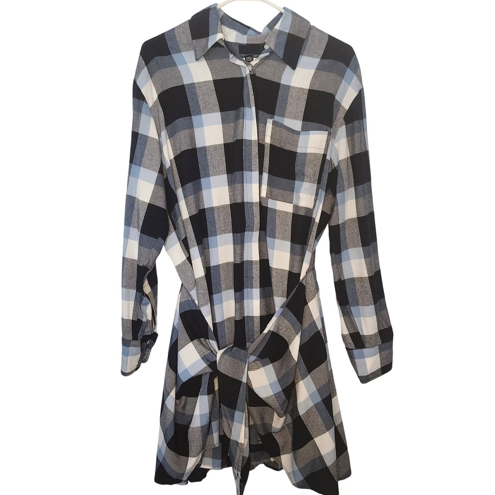 AQUA Plaid Shirt Dress Black White Blue Long Sleeve Belted Casual Medium